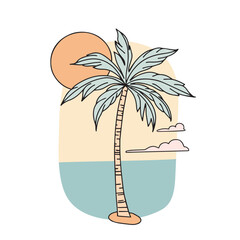 linear illustration of a palm tree on a background of sea and sun, hand drawn flat style.