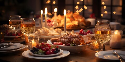Fototapeta na wymiar Festive table with food and wine. Celebration of Christmas and New Year