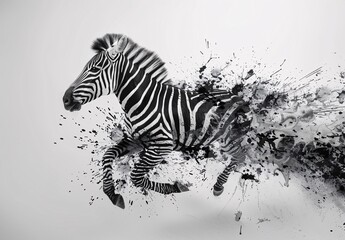 Black and white zebra made of ink splashes running toward