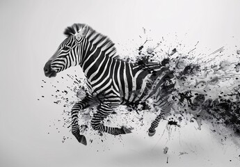 Fototapeta na wymiar Black and white zebra made of ink splashes running toward