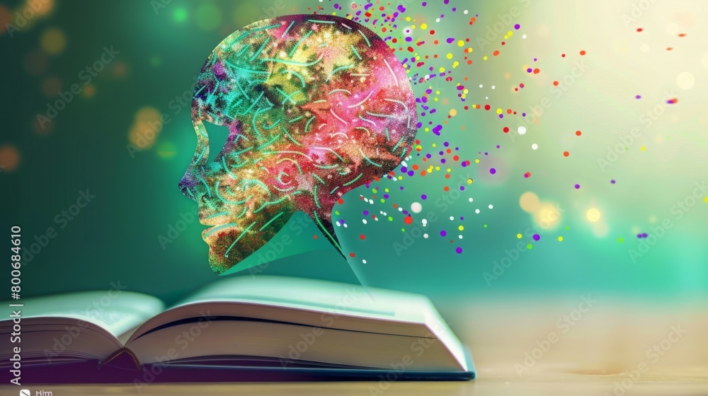 Poster colorful brain resting on open book