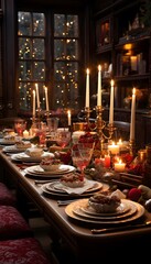 Fototapeta na wymiar Luxury christmas table with candles and decorations in the dark
