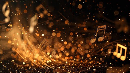 golden particles with musical notes, black background