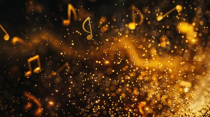 golden particles with musical notes, black background