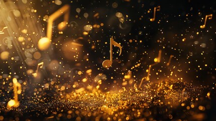 golden particles with musical notes, black background