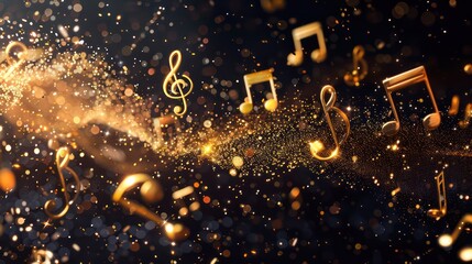 golden particles with musical notes, black background