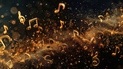 golden particles with musical notes, black background