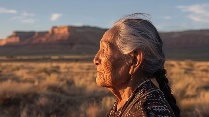 cinematic of an old native american woman in the desert
