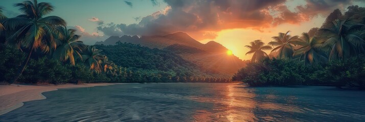 beautiful tropical sunset with lush jungle and mountains - Powered by Adobe