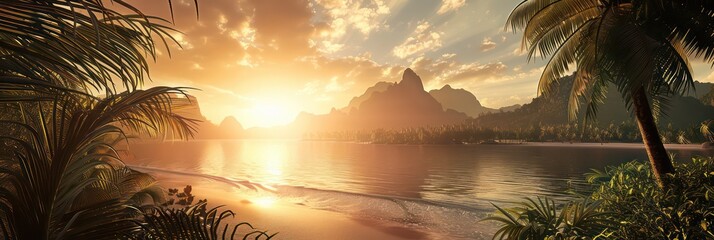 beautiful tropical sunset with lush jungle and mountains