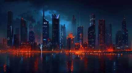 Fototapeta premium night city orange dark blue black urban skyline lights