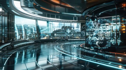 modern technology room interactive media with a huge curved media wall