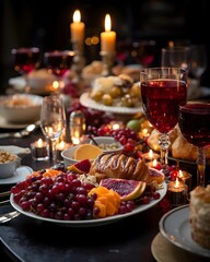 Festive table with fruit and croissants for Christmas dinner at night