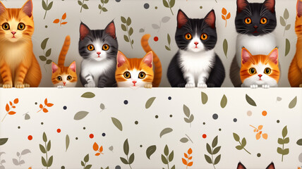 A seamless poster featuring adorable cartoon cat characters, showcasing a variety of poses and emotions, perfect for cat lovers and enthusiasts alike