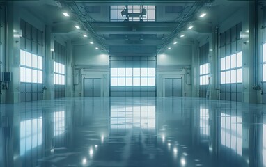 realistic warehouse with light blue glowing space