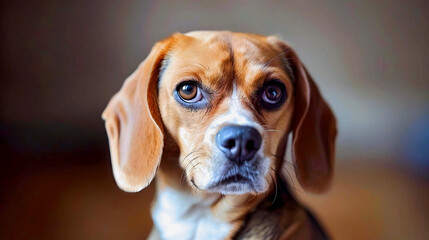 Close-up of a beagle dog with expressive brown eyes and a soft background, showcasing its personality.
