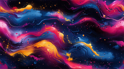An abstract illustration featuring a vibrant and colorful background, adorned with an array of shapes and splashes of paint, seamlessly forming a captivating pattern design.