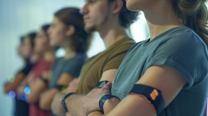 A group of people wearing armbands that vibrate and emit gentle electric pulses promoting relaxation and reducing stress levels..