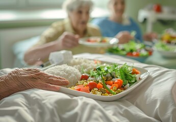 Close up of hospital food being served to an elderly woman in bed