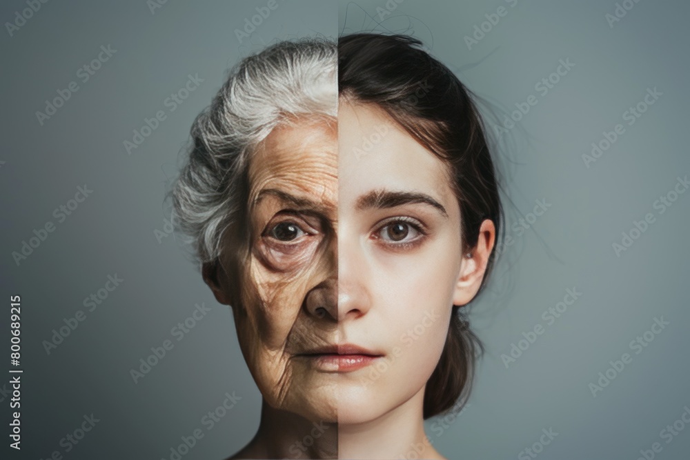 Poster proactive skincare and generation shift in split screen aging contrast with before after skincare in