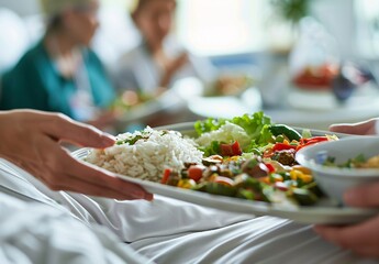 Close up of hospital food being served to an elderly woman in bed