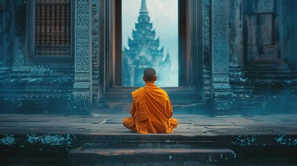 Back view of buddhist monk in orange robe, asian master meditating sitting in lotus pose in fron of ancient temple or monastery