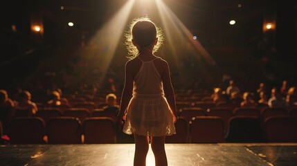Back view of little girl standing in ray of light on the stage in front of audience, having stage...