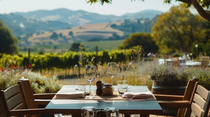 Blank mockup of an al fresco dining menu with a picturesque view of rolling hills in the background. .