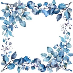 watercolor frame with blue leaves and branches