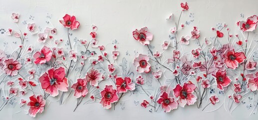 illustrated watercolour paper flowers embroidered with a red and pink pattern