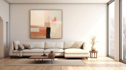 The wall showcases a minimalist painting, a quiet yet powerful statement that accentuates the harmony found in simplicity