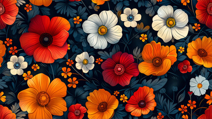 A retro-inspired seamless pattern featuring charming flowers, perfect for embellishing social media posts, banners, and card designs with a nostalgic touch