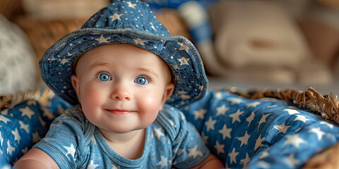Portrait of a blue-eyed baby wearing a hat and t-shirt with white stars