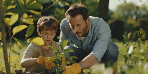 Handsome man and his son wearing gardening gloves, planting a tree in the park during World Environment Day.