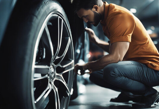 'mechanic close damaged examining tyre car tire puncture checking flat deflated repairing service garage wheel kfz automobile breakdown maintenance hand closeup'