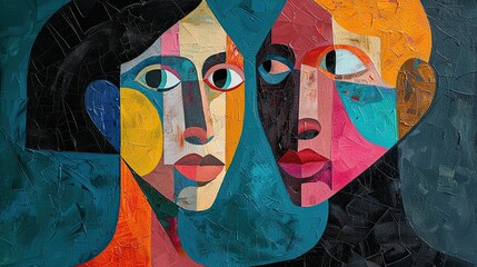 oil painting of cubist naive folk art portrait of a couple, minimal, vivid colors