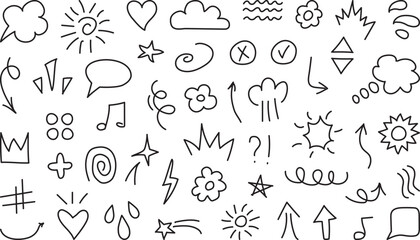 Cartoon line element, cute scribble, doodle arrow, sketch cloud icon, hand drawn star, text sticker, emoji movement symbol, simple expression mark. Editable stroke. Comic vector illustration