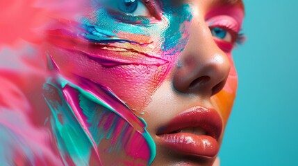 Obraz premium Woman With Colorful Makeup and Feathers on Face