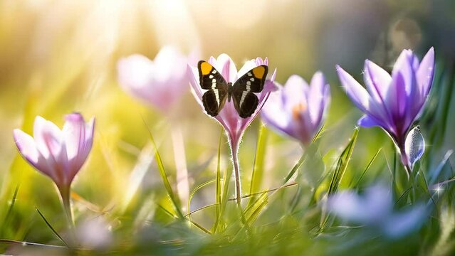 spring crocus flowers with butterflies