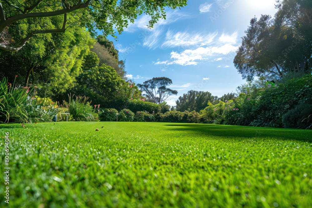 Wall mural beautiful garden lawn with a large beautiful blue sky in the background