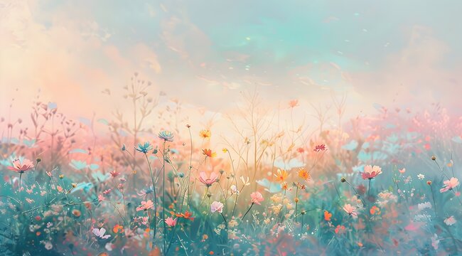 background with a floral field, wild flowers of delicate pastel colors, computer screen or for mobile