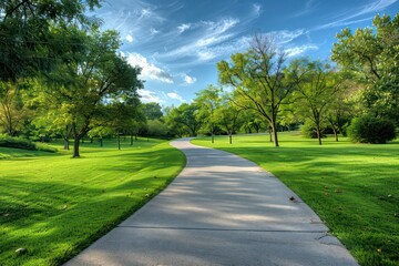 curving pathway in a park with vibrant green grass