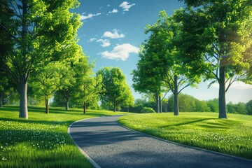 curving pathway in a park with vibrant green grass