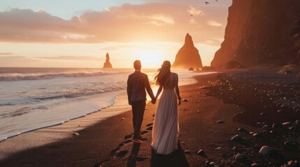 Sunset Stroll by Couple on a Secluded Beach