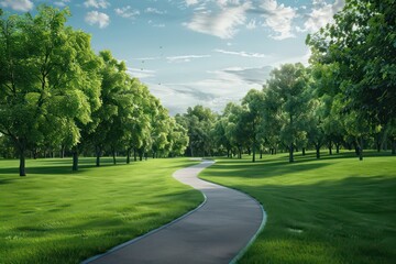 curving pathway in a park with vibrant green grass
