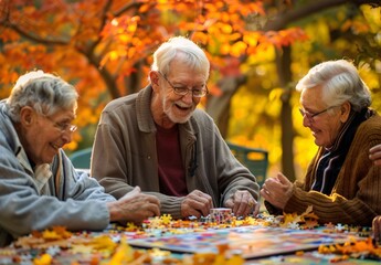 elderly friends play board games and enjoy each other's company in a senior living community