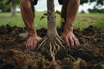close-up of hands nurturing tree roots symbolizing environmental care and growth