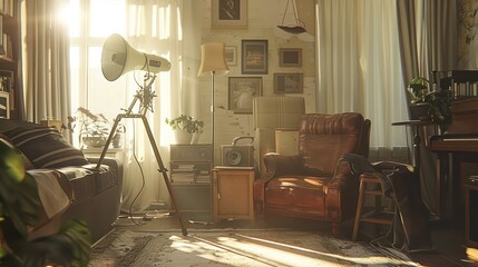 podcast microphone set up in a home, sunny lighting