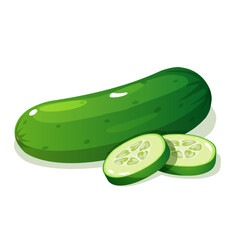 Green fresh sliced cucumber icon isolated on white background.
