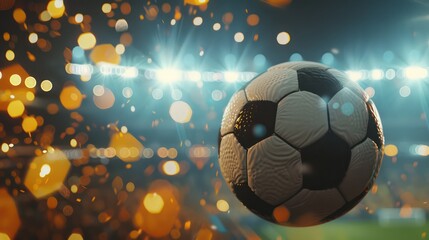a soccer ball in closeup flying in the air on a big soccer field stadium